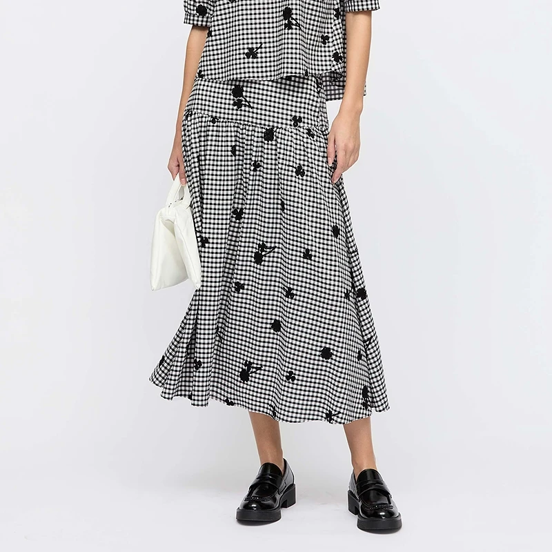 S·DEER【黑白格纹】千鸟格显瘦高腰夏季中长款A字半身裙S252Z1119