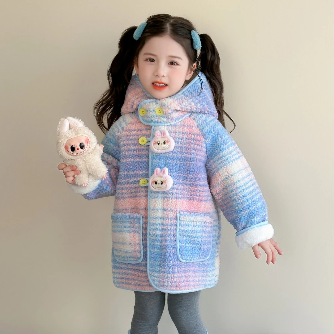 女童加绒外套秋冬季2025新款女宝宝扎染大衣洋气儿童中长款毛毛衣