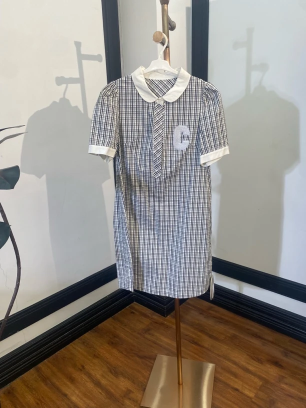 [H2545格子连衣裙]夏季纯色蕾丝女士时尚气约潮拼接裙子