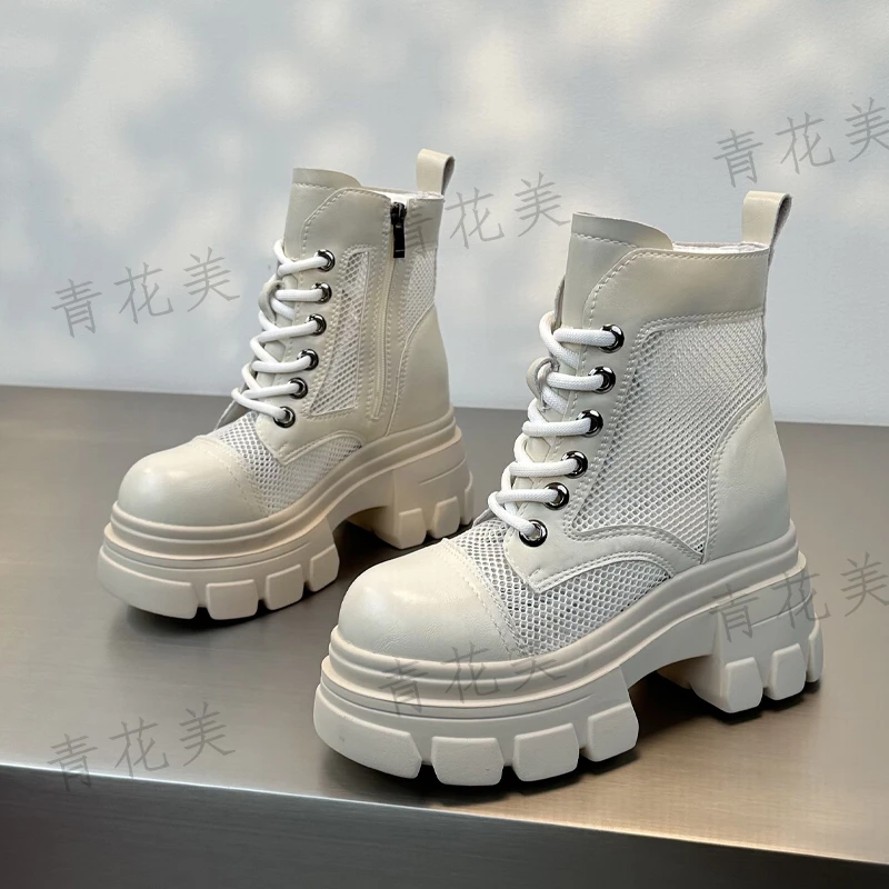内增高透气马丁靴女薄款网纱镂空短靴2025夏季新款显高圆头百搭