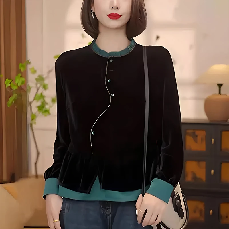 慵懒风设计感洋气衬衫女2025年秋冬新款减龄显瘦花边长袖斜扣上衣