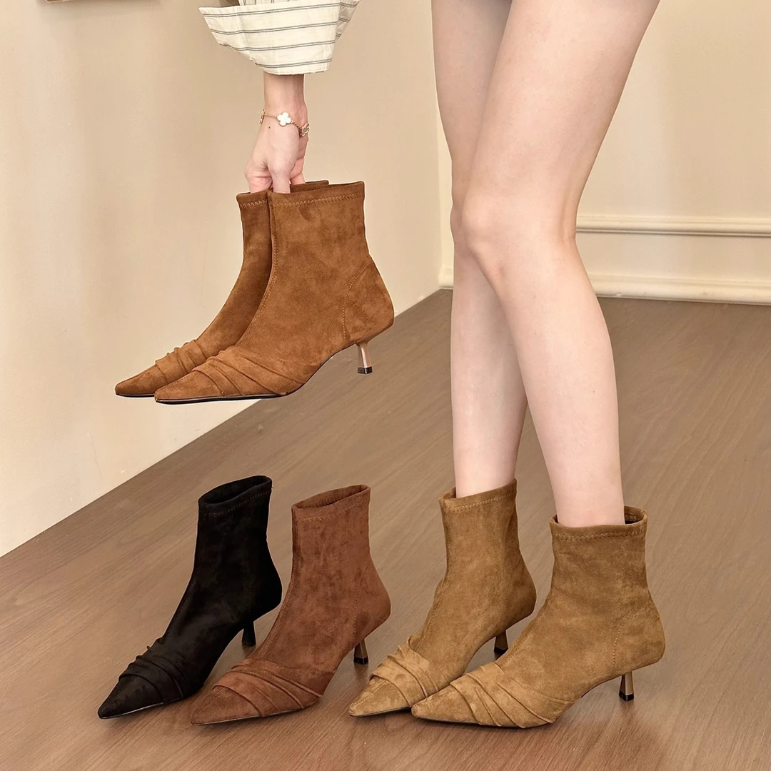 titing韩女冬季穿搭！绒面尖头褶皱猫跟瘦瘦靴女冬加绒细跟短靴