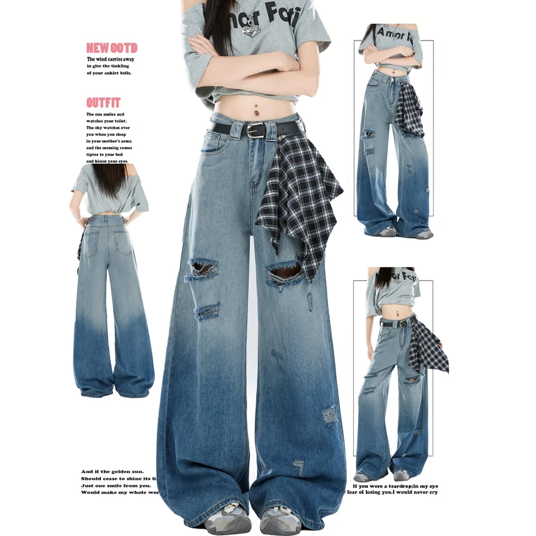 复古高街蓝色渐变破洞牛仔裤女2025秋季新款格子布拼接宽松直筒裤