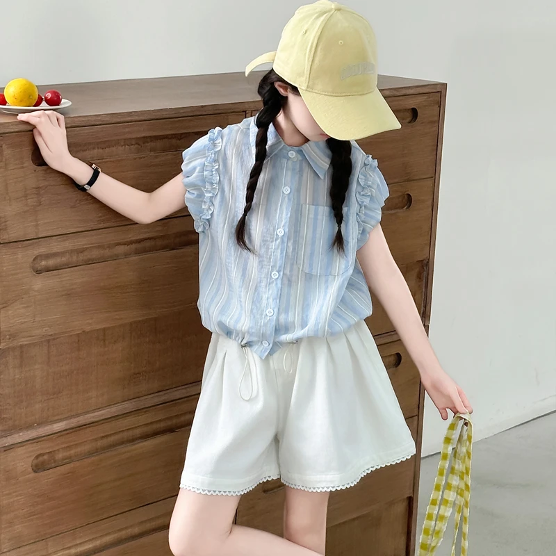 女童夏季套装2025新款儿童装夏洋气短袖衬衫中大童花边短裤两件套