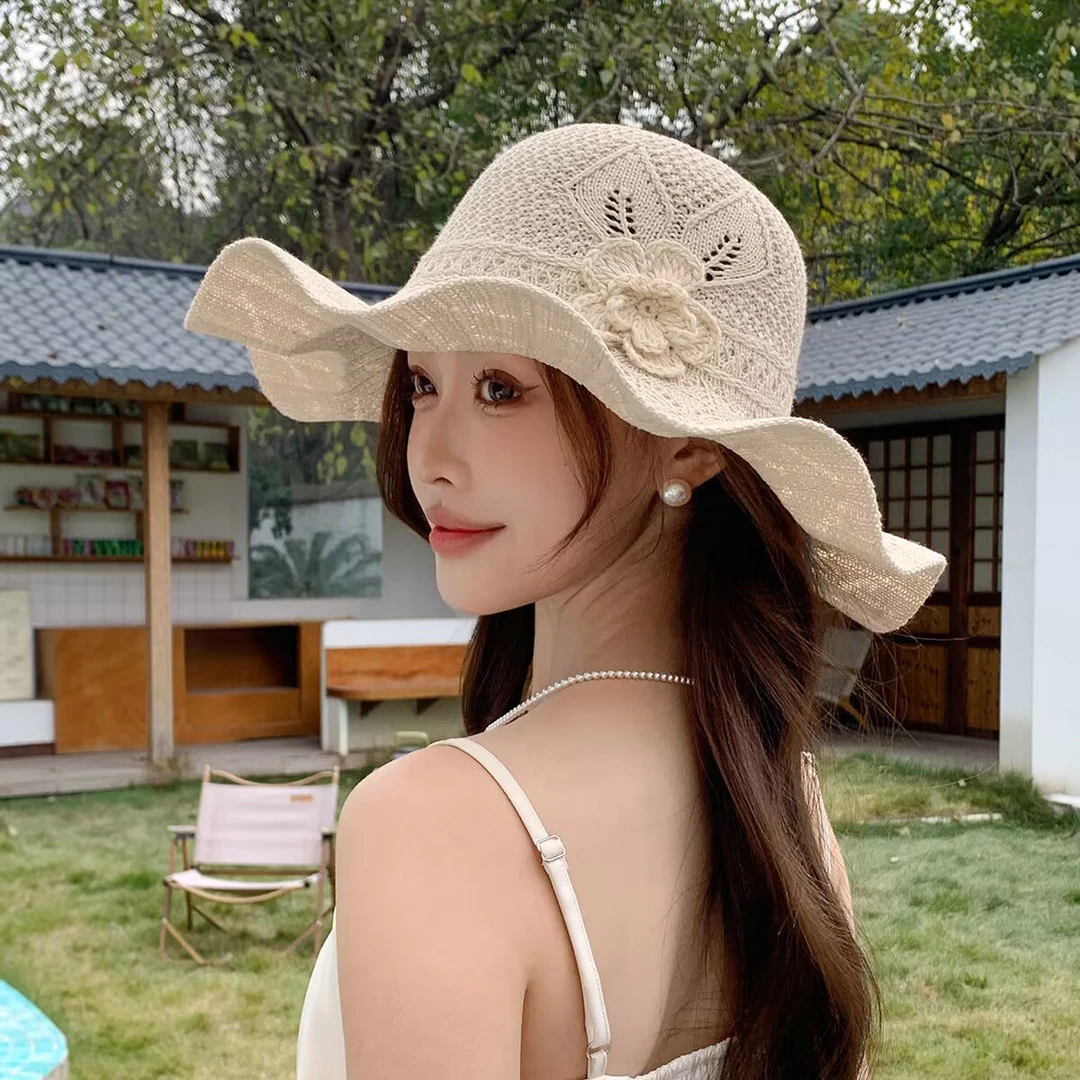 帽子女新款夏季棉麻帽子女波浪大檐沙滩帽防紫外线户外游玩渔夫帽