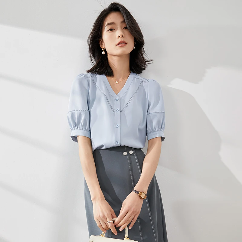 曼贝衬衫气质时尚女休闲女神通勤夏季设计感 8392057蓝绿色佳莹