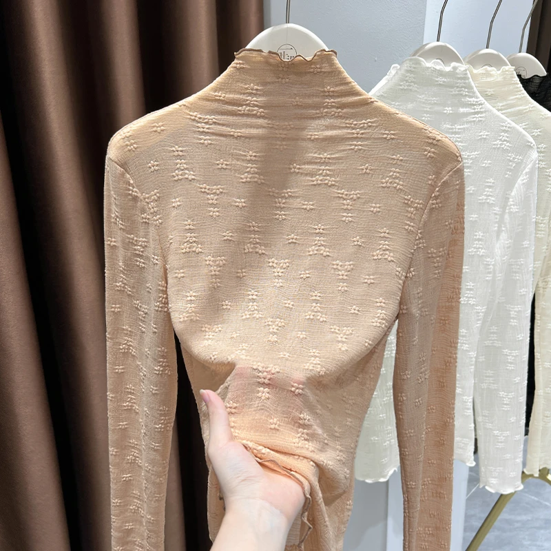 小个子精致花纹蕾丝衫秋冬新款半高领长袖木耳边薄款网纱拼接上衣