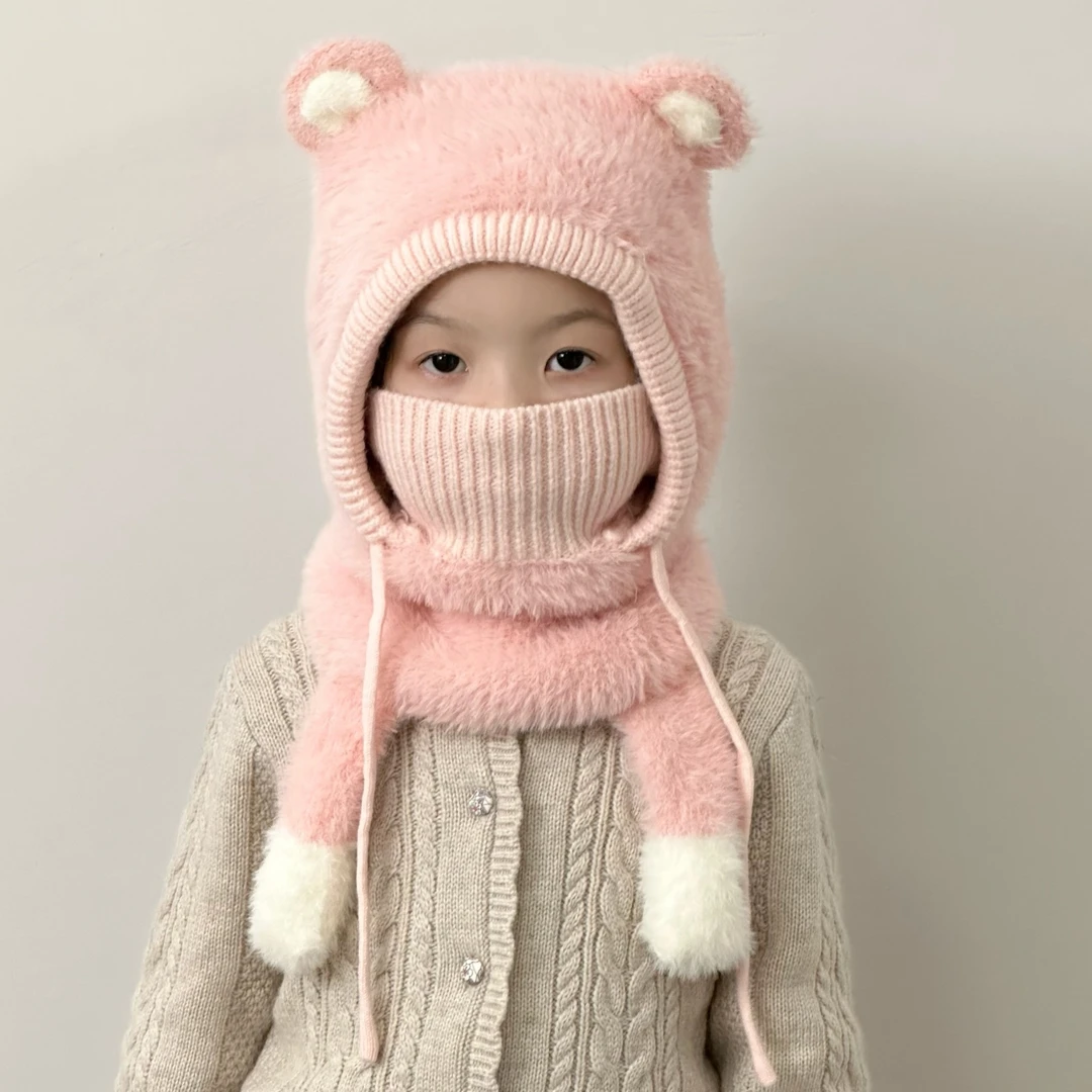 儿童帽子围脖口罩一体2025新款男女童加绒保暖护耳宝宝防风套头帽