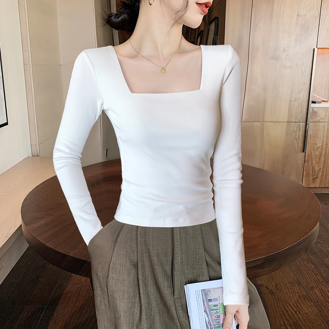 白色方领打底衫女春夏秋季收腰正肩低领设计感修身长袖齐腰上衣服