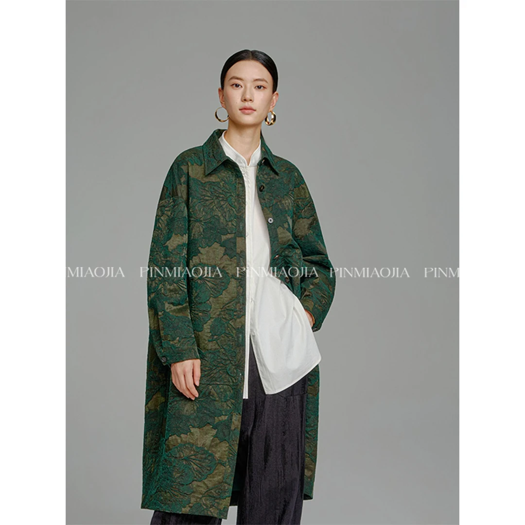 品妙家【森兮】中长款锦油桑蚕丝香云纱提花设计师复古外套秋风衣女