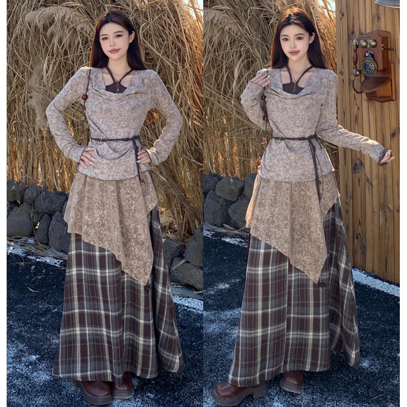 大码胖mm新款辣妹一字肩收腰假两件上衣显瘦百搭拼接半身裙套装女