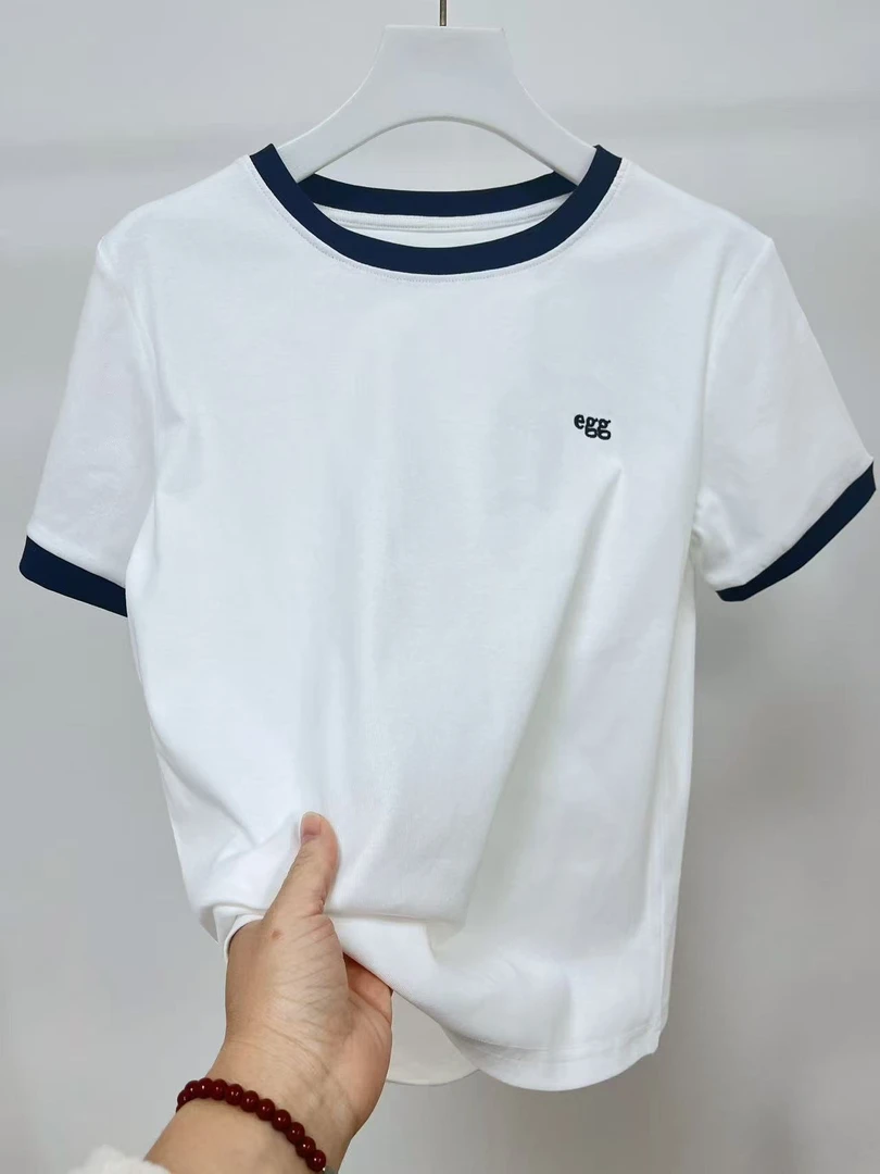 质感超好~春夏季小众正肩拼色短袖t恤女