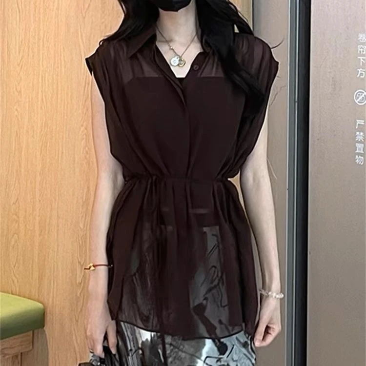 法式高级感收腰遮肚子无袖马甲衬衫2025夏季新款开衫显瘦纯色上衣