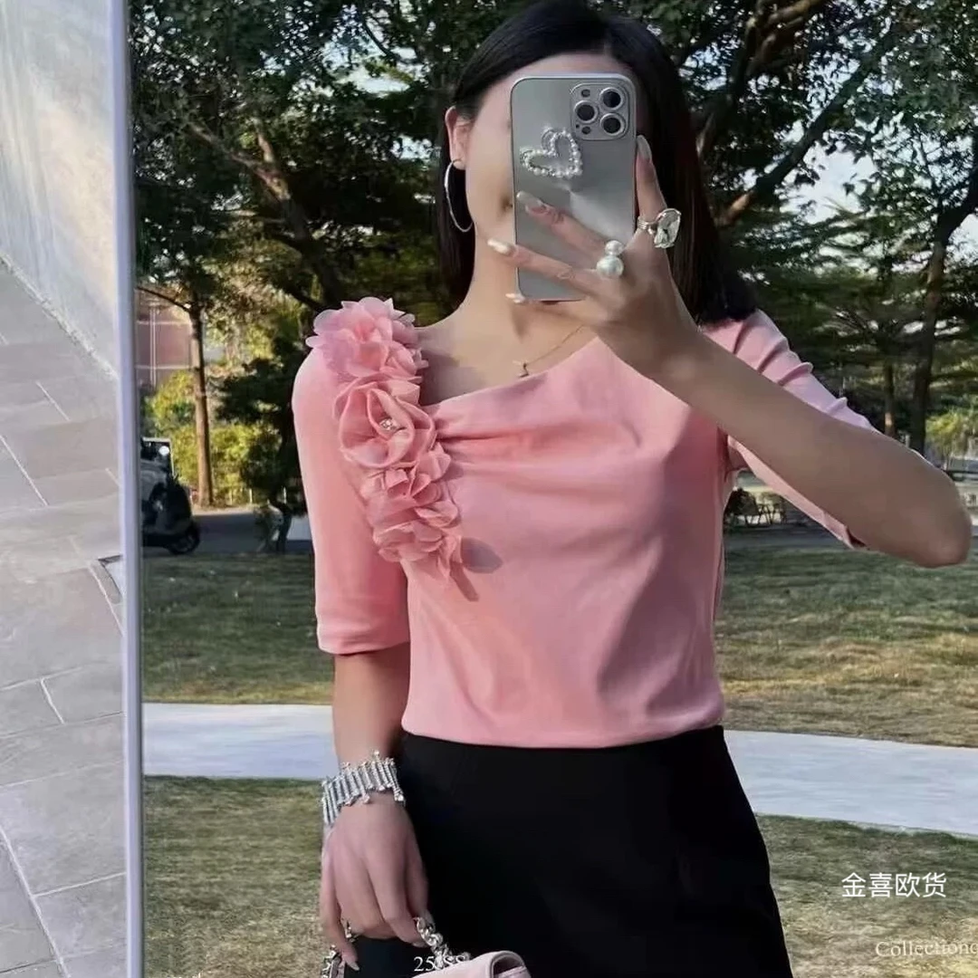 潮流欧货女显瘦ol修身小众T恤半袖