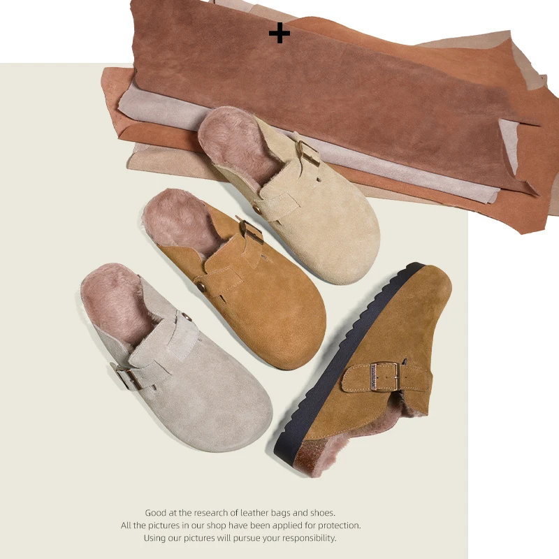 真皮勃肯鞋2025年春季厚底包头半拖加绒一脚蹬博肯半拖