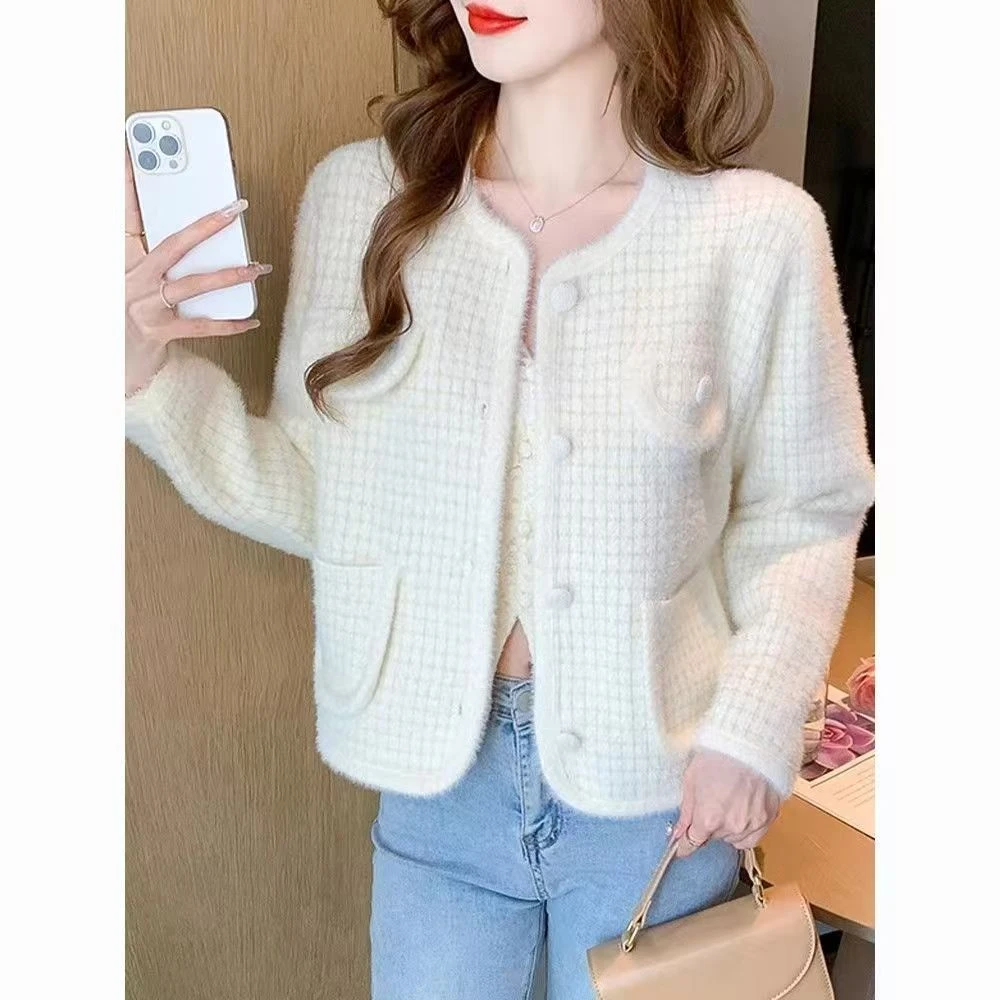 小香风毛衣外套2025春秋新款宽松小个子名媛仿水貂绒针织开衫上衣