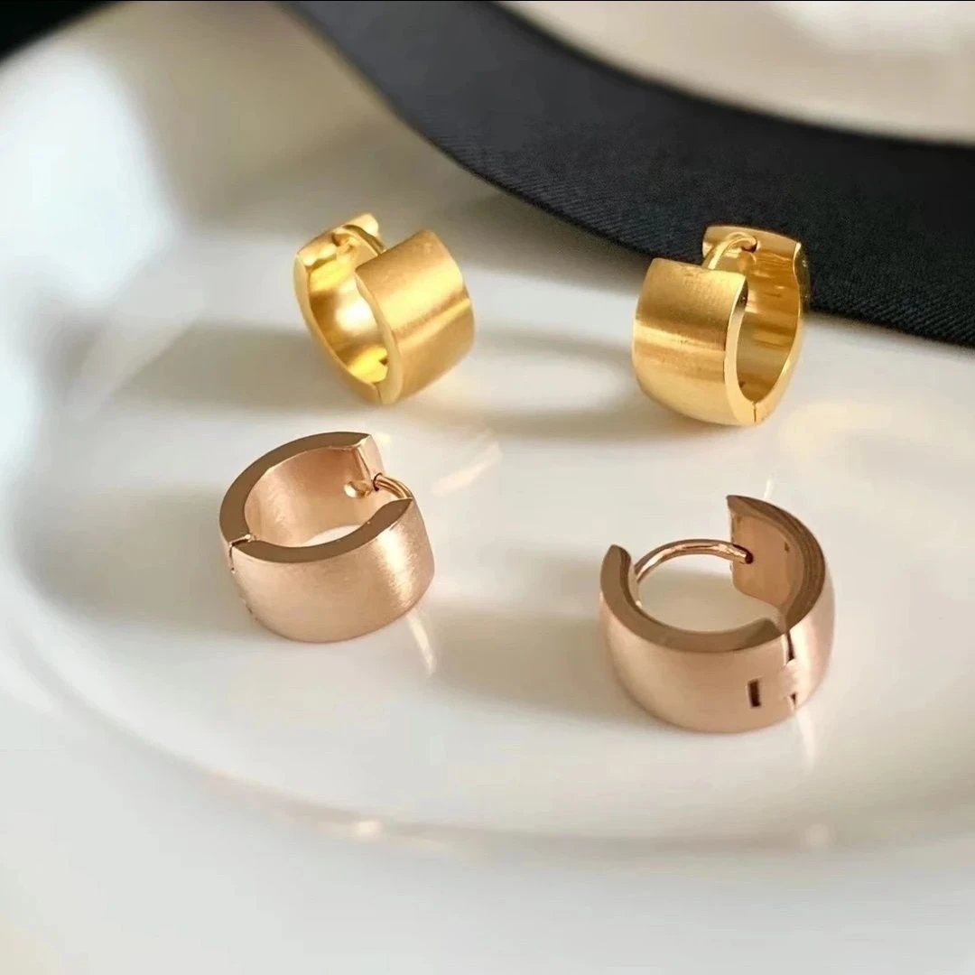 钛钢耳饰 钛钢韩国气质简约个性潮复古宽版拉丝耳扣ins风洋气