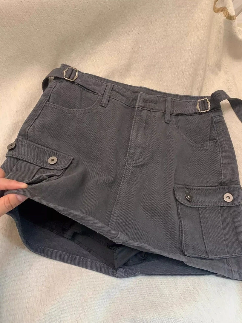 2025夏季新款可调节腰部复古防走光工装口袋A字包臀牛仔短裙女潮
