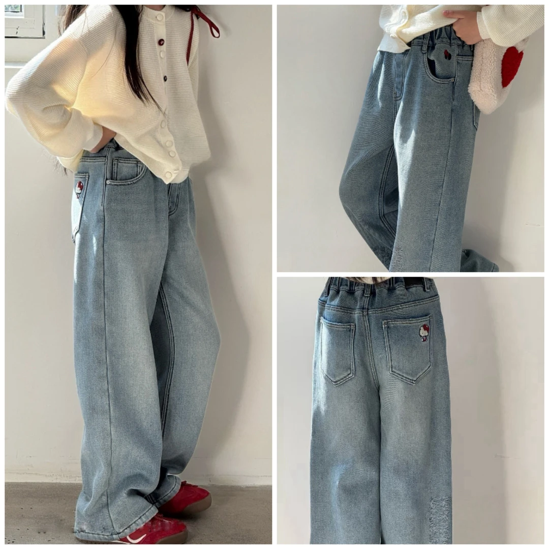 女大童浅色冬季加绒牛仔裤一体绒加绒直筒裤洋气23591女童休闲潮