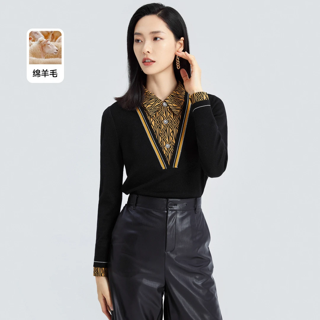 【婷婷专属】含羊毛学院风通勤优雅亲肤软糯长袖拼接针织小衫上衣女