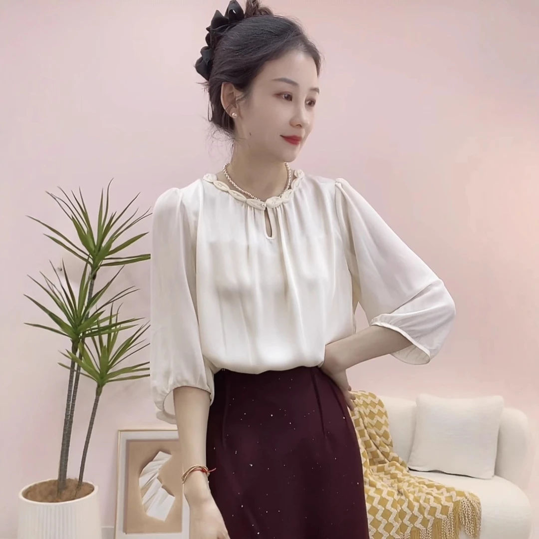 312时尚气质木耳边立领七分袖显瘦小衫7312/GP