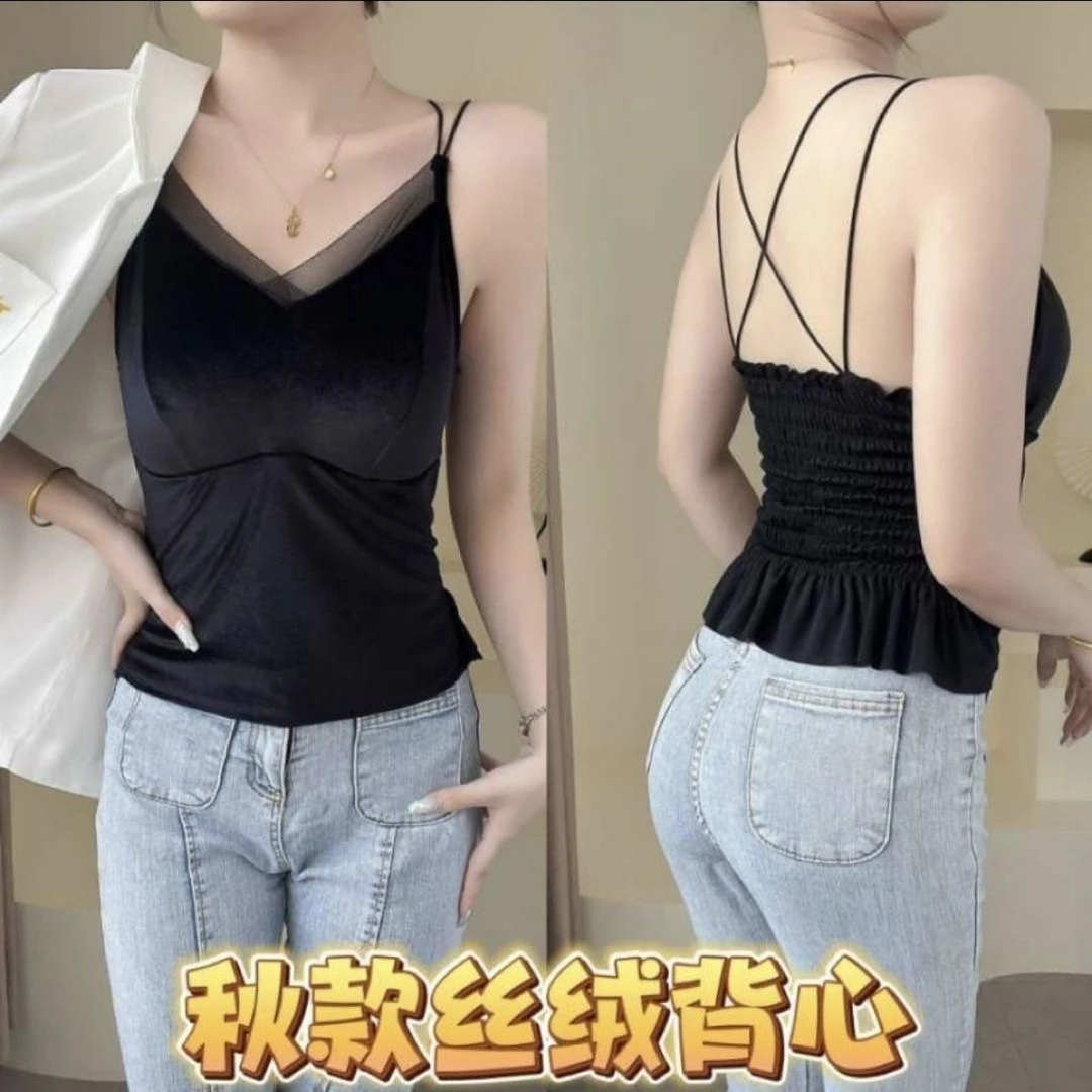 大码丝绒拼接美背吊带背心时尚百搭舒适保暖