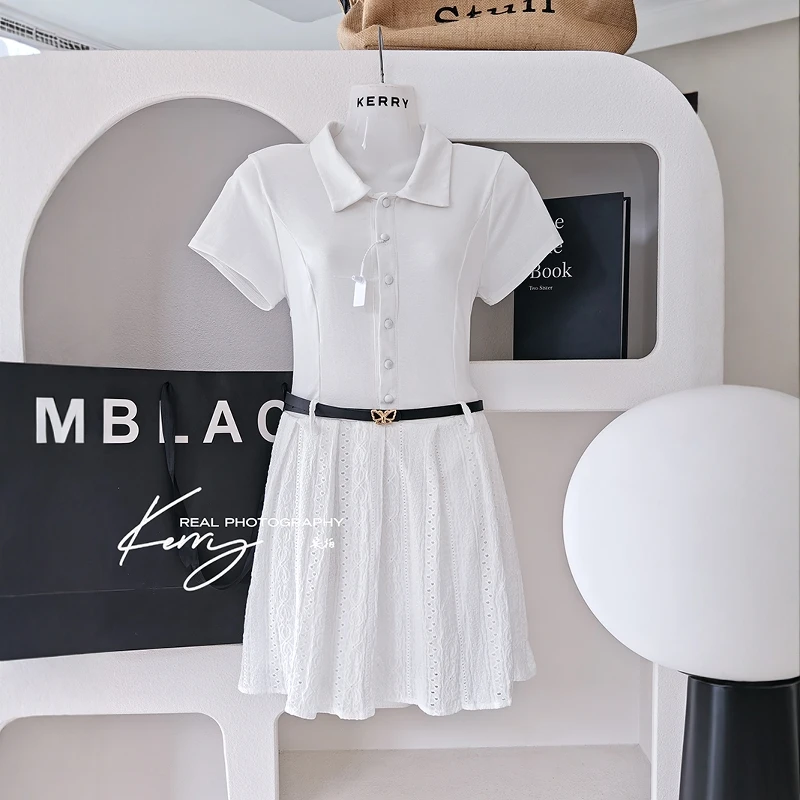 Kerry小个子 纯白日记 白色拼接连衣裙Polo领女夏季修身收腰短裙