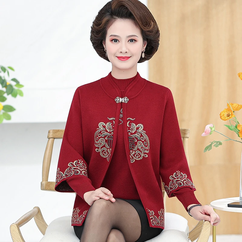 喜庆妈妈秋冬中老年女秋冬针织衫两件套红色外套女装加绒长袖打底