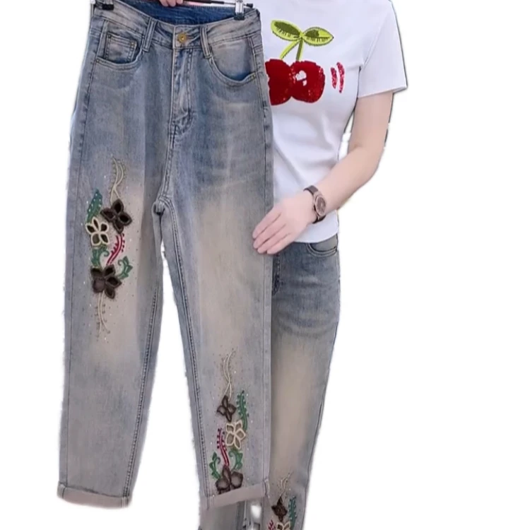 5099款刺绣镂空牛仔弹力面膜微垮裤(裤长88厘米)