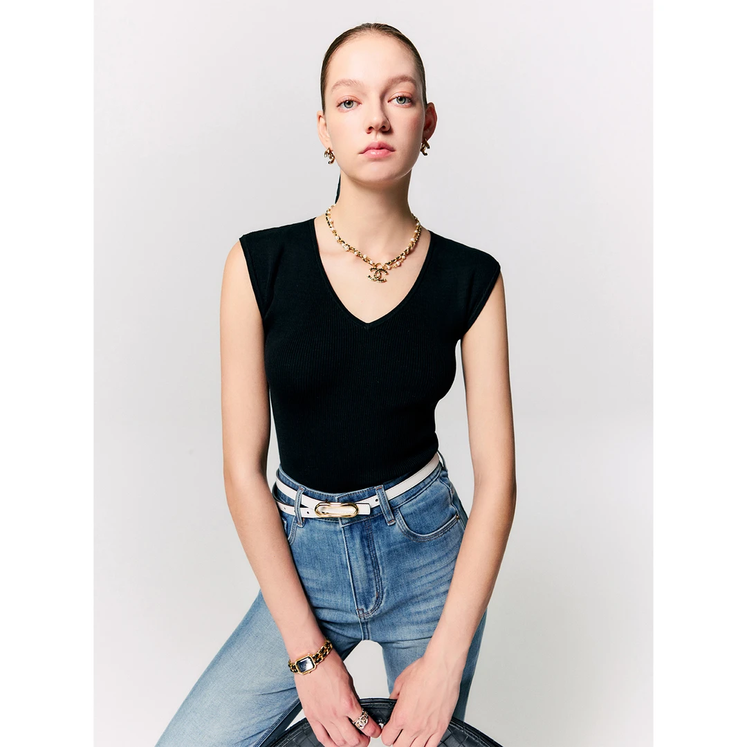 玖着“宝藏衫”奢选100桑蚕丝弹力坑条落肩包袖V领修身针织上衣