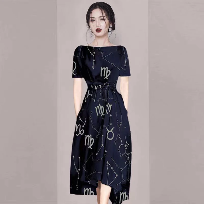 法式印花遮肚子连衣裙2025年新款夏季女中长款修身气质A字裙