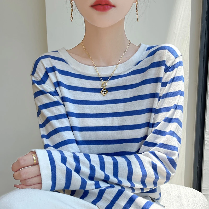 女士圆领精仿羊毛针织衫套头衫圆领拼色长袖上衣宽松洋气减龄百搭