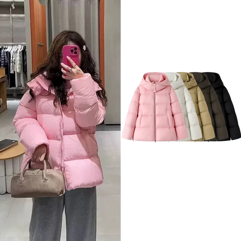 冬季新款休闲百搭简约连帽拉链高领纯色羽绒服保暖外套女【8564】