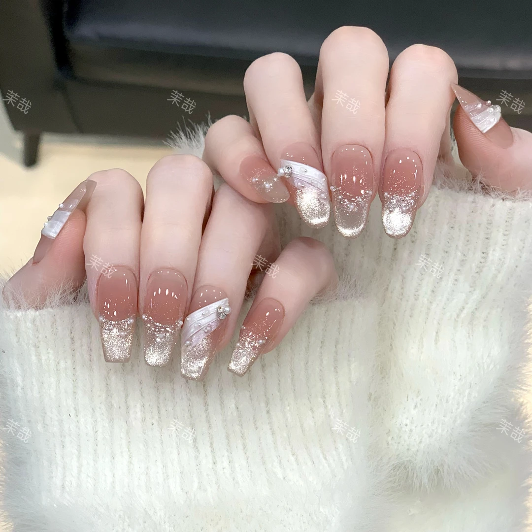 茉哉W现货【白月银纱】纯手工定制美甲拆卸穿戴甲A4254