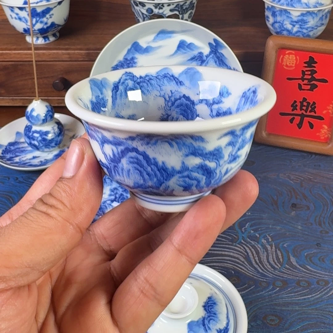景德镇全手工手绘青花山水内外满绘压手杯