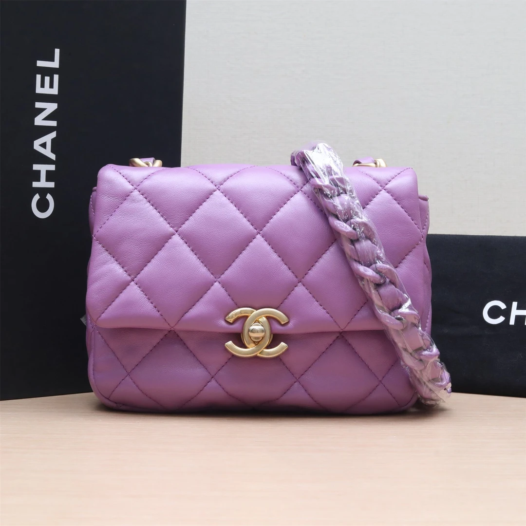 99新 Chanel/香奈儿 jf-340 双双 CF 方胖子 紫色 皮革S 芯片开