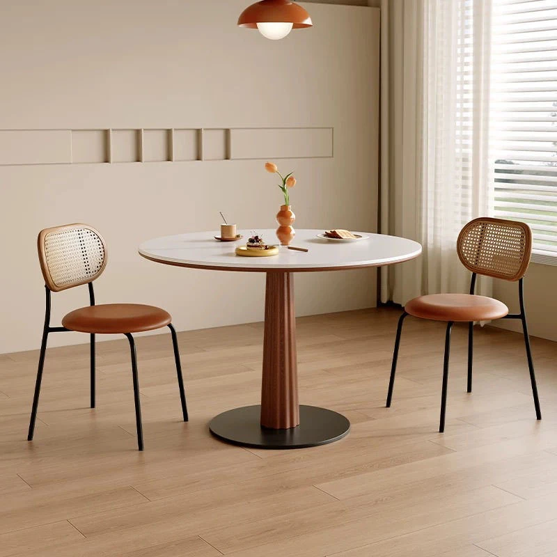 实木岩板餐桌椅组合现代极简家用小户型中古风复古圆形洽谈吃饭桌