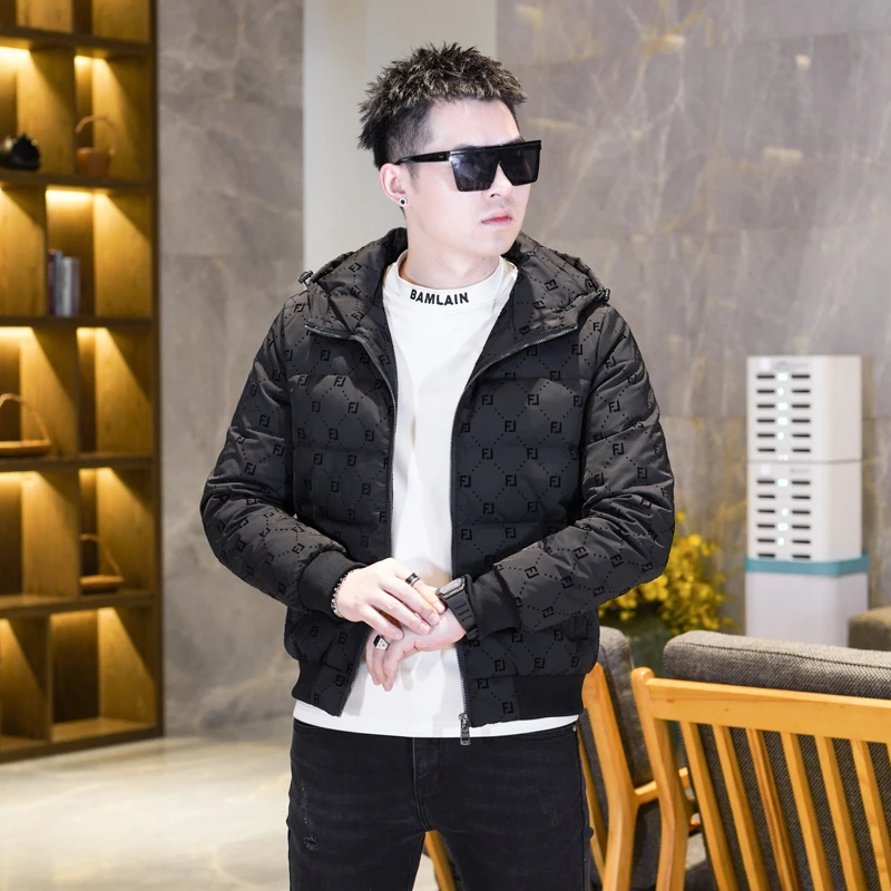 高级感植绒暗花羽绒服男士潮流短款连帽加厚羽绒夹克时尚外套男款