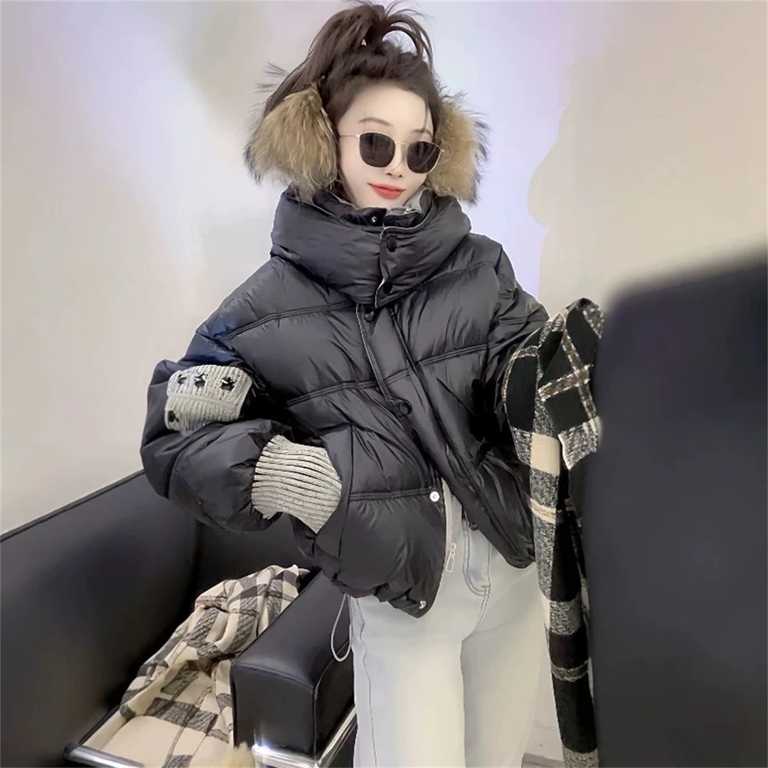 时尚休闲棉服女2025冬季新款百搭连帽拼接上衣轻盈保暖舒适短外套