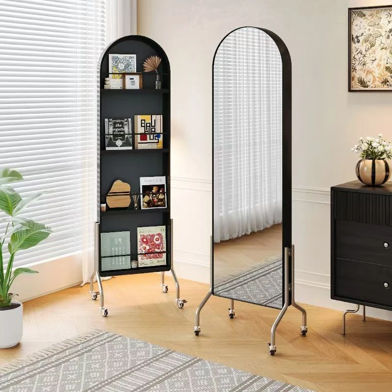 可移动全身镜中古风杂志架落地书报置物架旋转穿衣镜奶油风家用