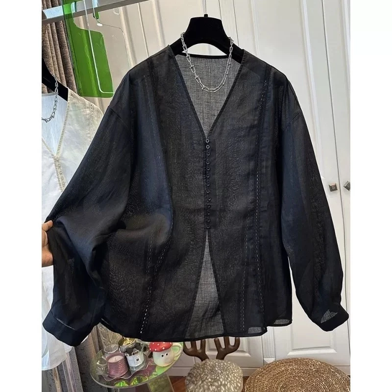 韩系超好看V领长袖衬衫女休闲时尚百搭减龄法式宽松显瘦上衣2601#