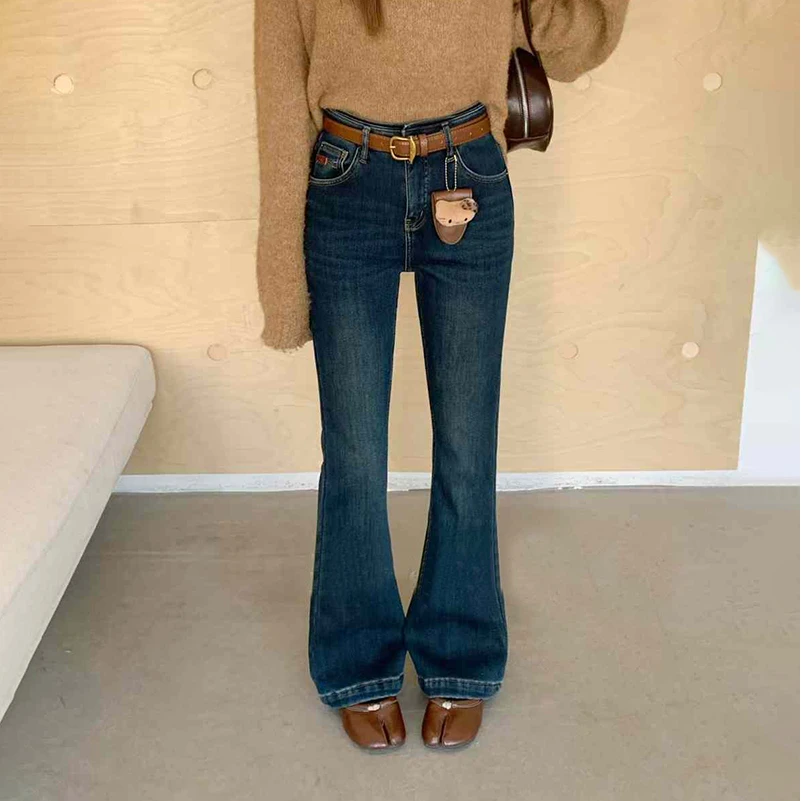 蓝舟2024秋冬新款高腰修身加绒加厚微喇牛仔裤女显瘦弹力喇叭长裤