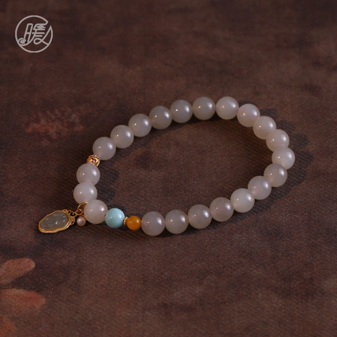 Nuanyan/暖言单圈和田玉手串8mm搭配叶子吊坠手链A6946多样性发一