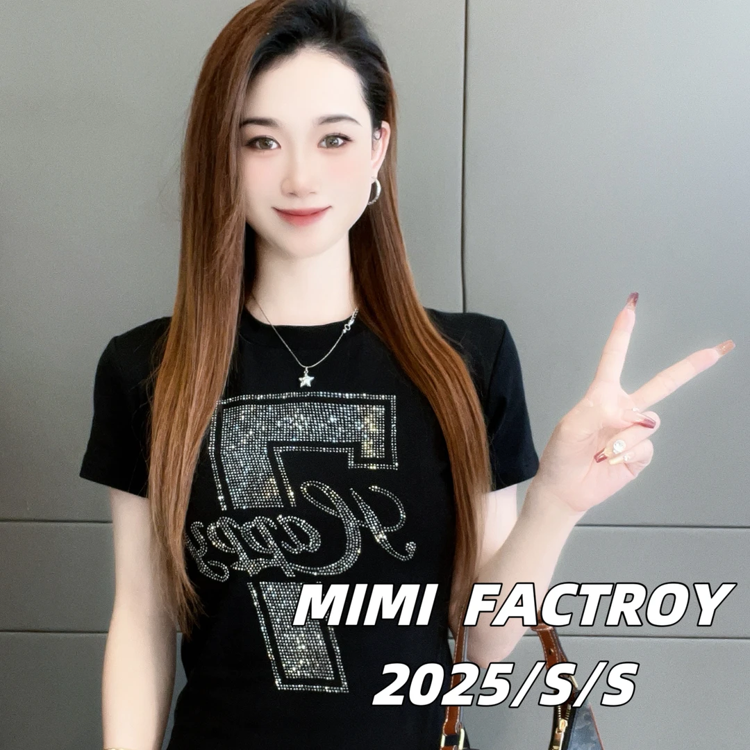 芈芈 2025新款短袖 数字烫钻设计短袖T恤女修身显瘦上衣2333#