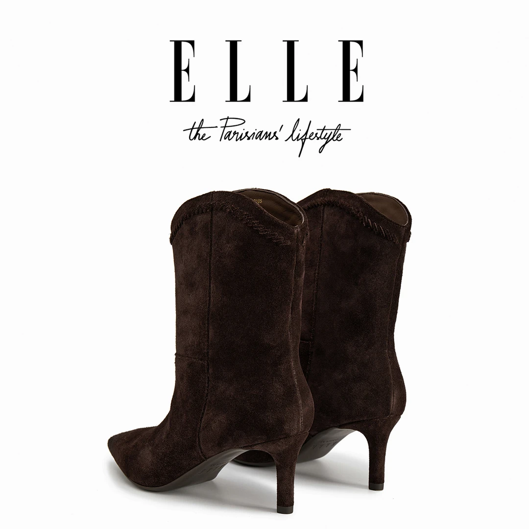 ELLE复古英伦短靴女时尚细高跟尖头绒面靴子套筒小个子显瘦时装靴