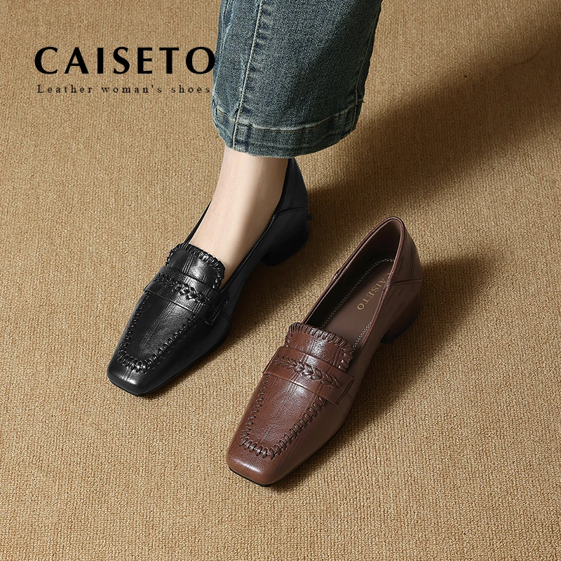 头层羊皮/3.5cm秋季新款方头粗跟深口真皮小皮鞋中跟单鞋女5D885