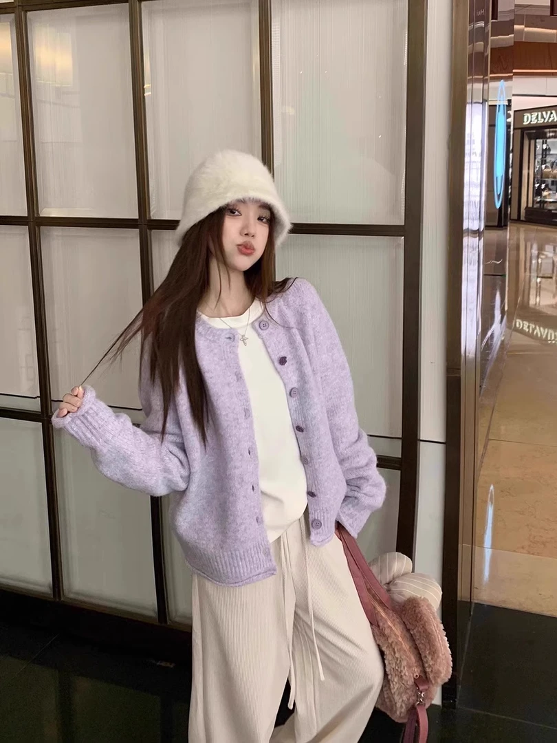 紫色毛衣开衫女2025春秋新款圆领气质宽松针织衫外套外搭长袖上衣