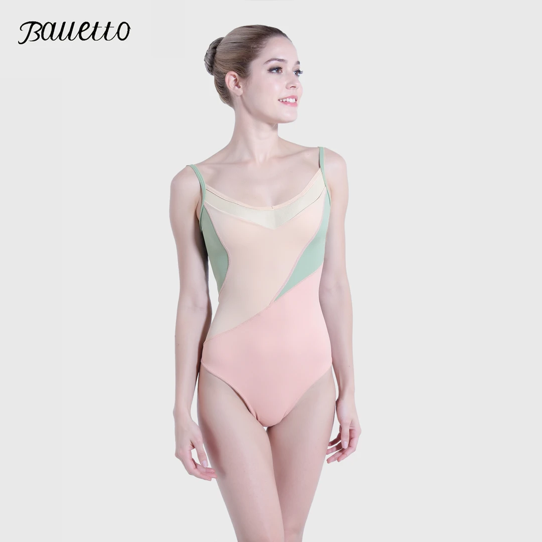 芭蕾舞体操服女高弹锦纶吊带连体服成人紧身练功服撞色高胯大露背