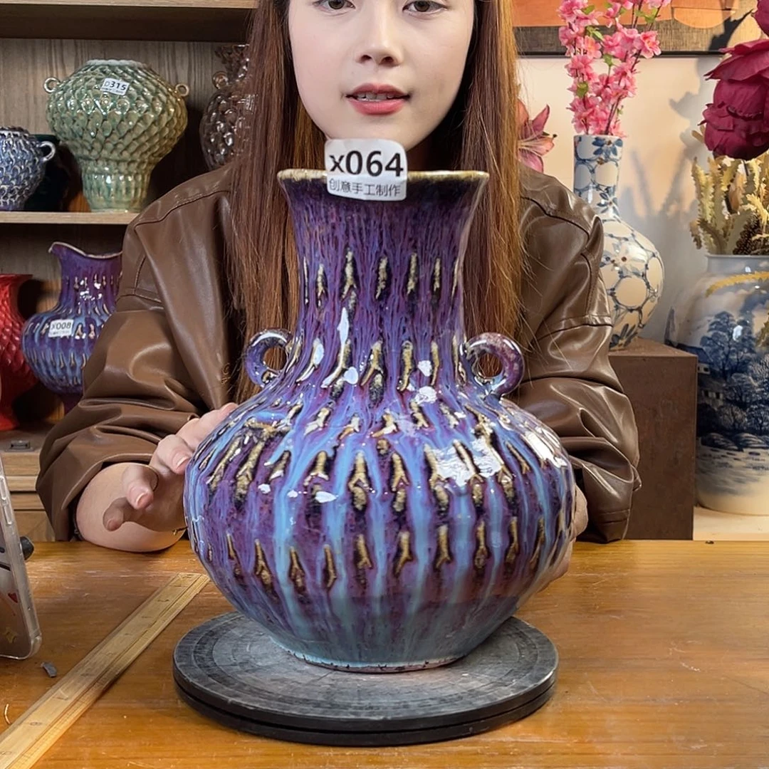 摆件陶瓷花瓶高25口8.5瑕疵盘泥