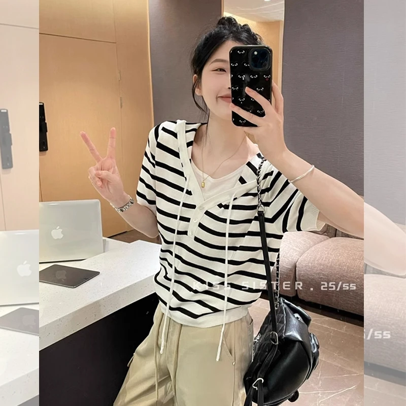 设计感假两件连帽短袖针织上衣女夏季宽松休闲薄款套头冰丝帽衫
